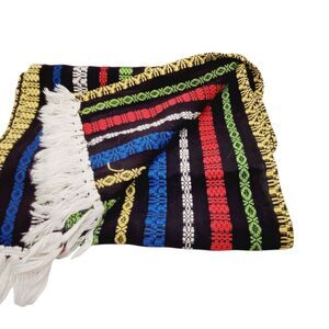 1950s Textile Wrap Vertical Woven Stripes Black Background Fringe Ends 68" x 12"